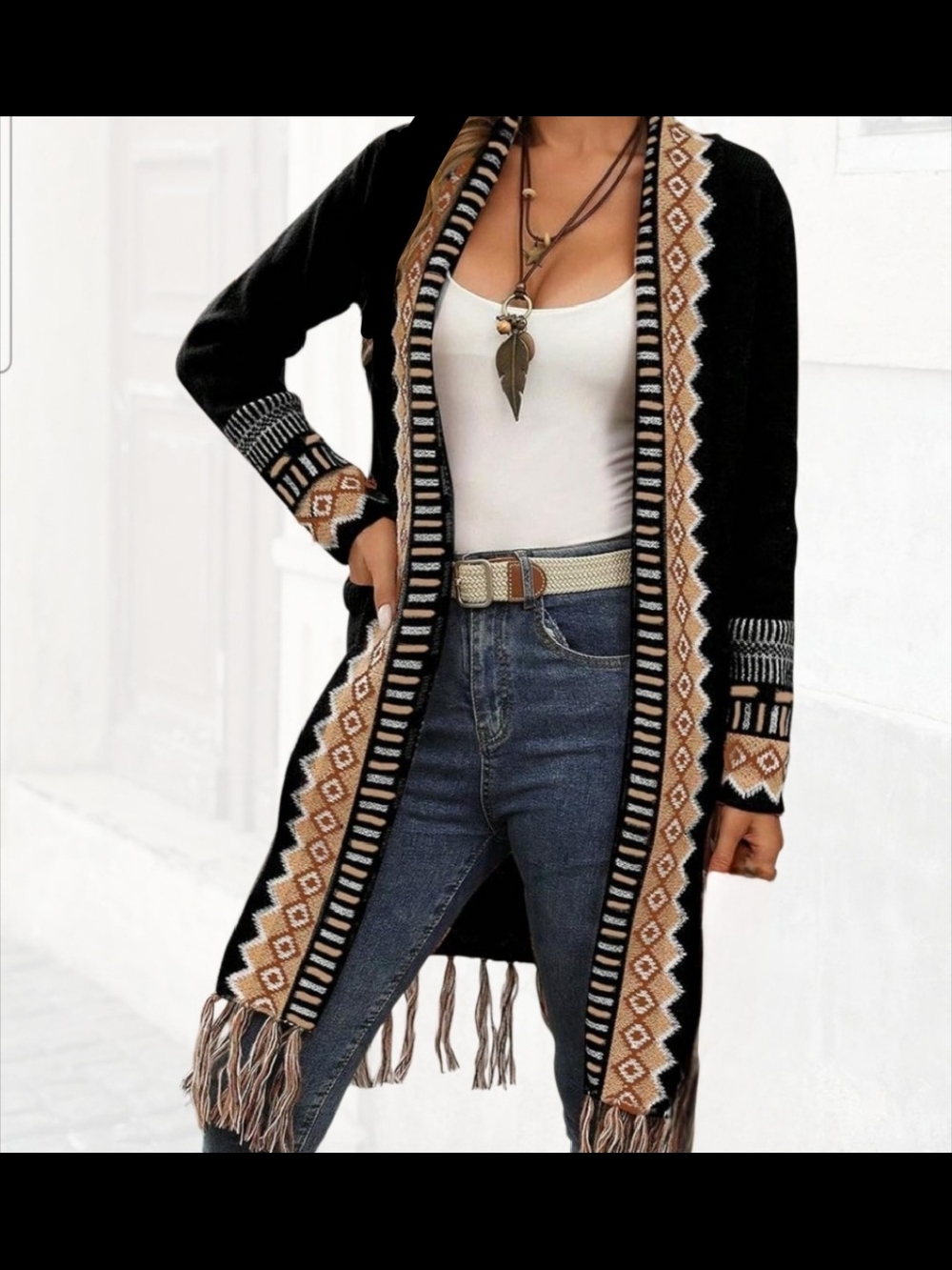 New WomensBlack Fringe Long Boho Cardigan Sweater Size Large